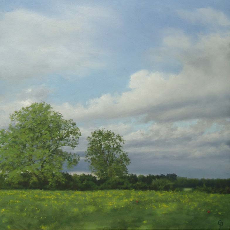 landscape painting of trees and a field